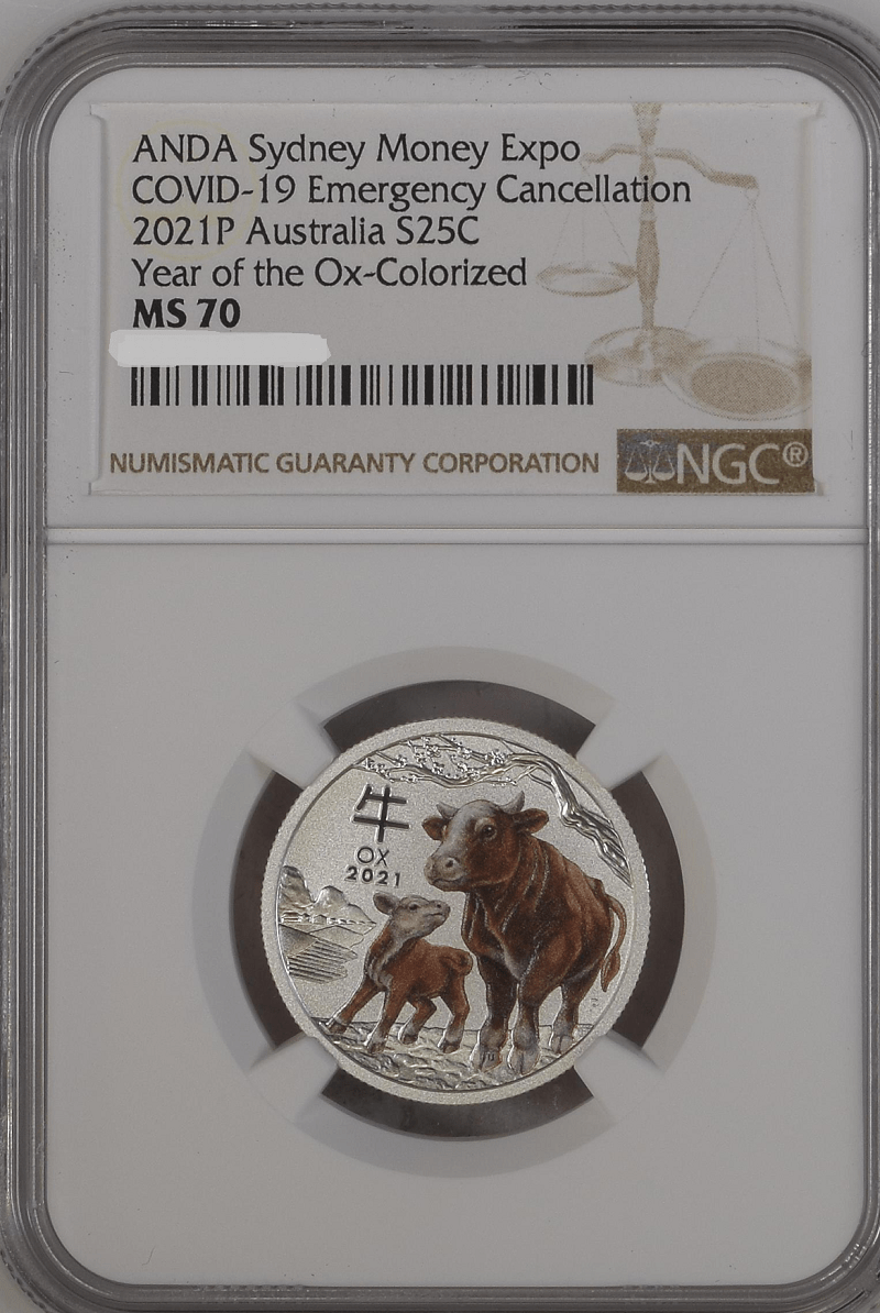 2021 Australia Ox 25-cent coin in a plastic holder, colorized, from the Sydney Money Expo, graded MS 70 by NGC. Includes details like the year, country, denomination, and design featuring a mother and calf ox.