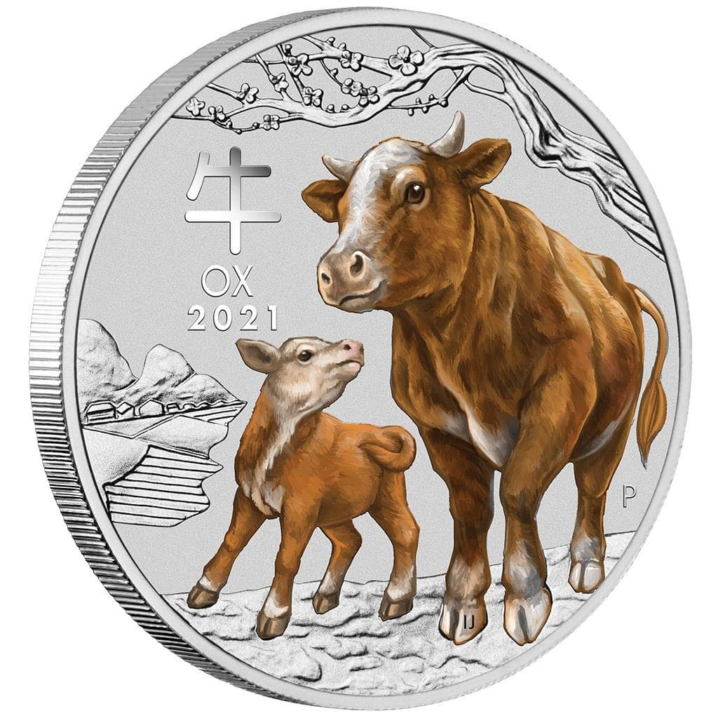 Ox Year 2021 Chinese Lunar Coin with Detailed Bull and Calf Illustration in Silver, featuring traditional landscape elements and elegant design. Suitable for collectors interested in Asian zodiac coins.