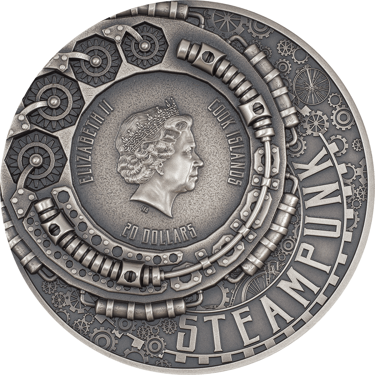 Shiny silver collectible coin featuring Queen Elizabeth II portrait, issued by the Cook Islands, with intricate gear and machine design elements, value of 20 dollars.