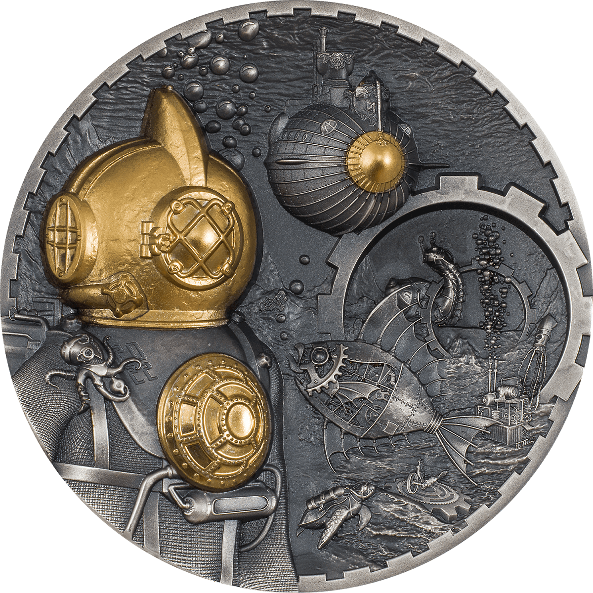 Deep Sea Submarine Collectible Coin with Intricate Nautical Design, Silver and Gold Accents, 2023, Maritime Theme.
