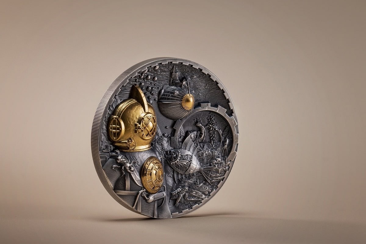 Silver and gold commemorative coin featuring detailed space exploration and Viking ship motifs, likely from 2023 Denmark.