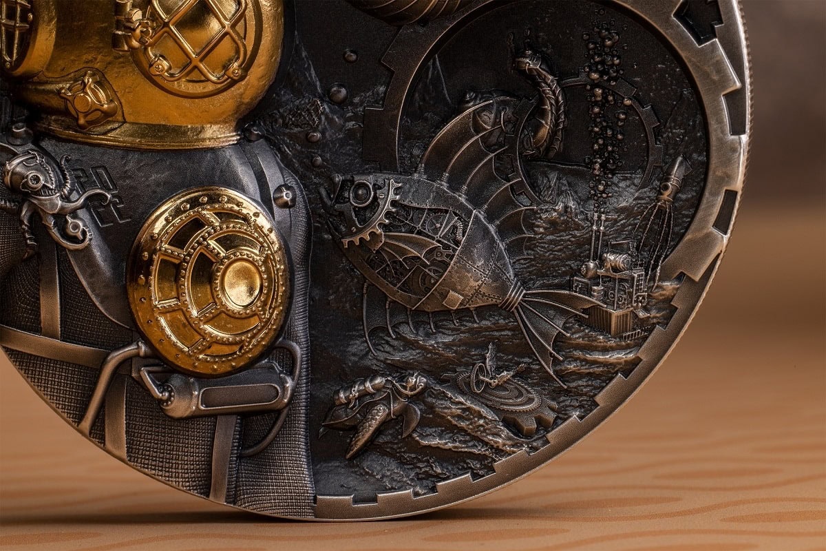 Intricate collectible coin featuring space exploration and futuristic design elements, gold and silver accents, detailed mechanisms, and a maritime theme with a submarine and ocean waves, limited edition.