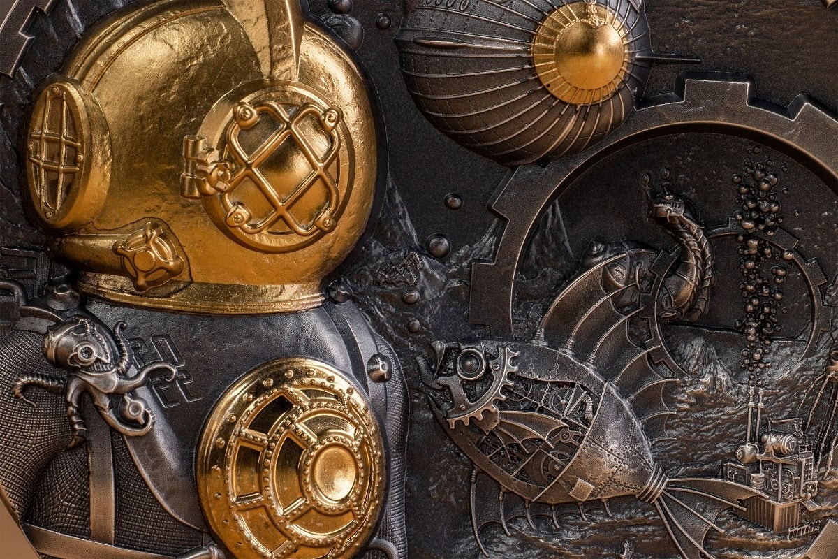 A collection of steampunk coins and gears with metallic gold and bronze finishes, showcasing intricate designs, cogs, and futuristic motifs.