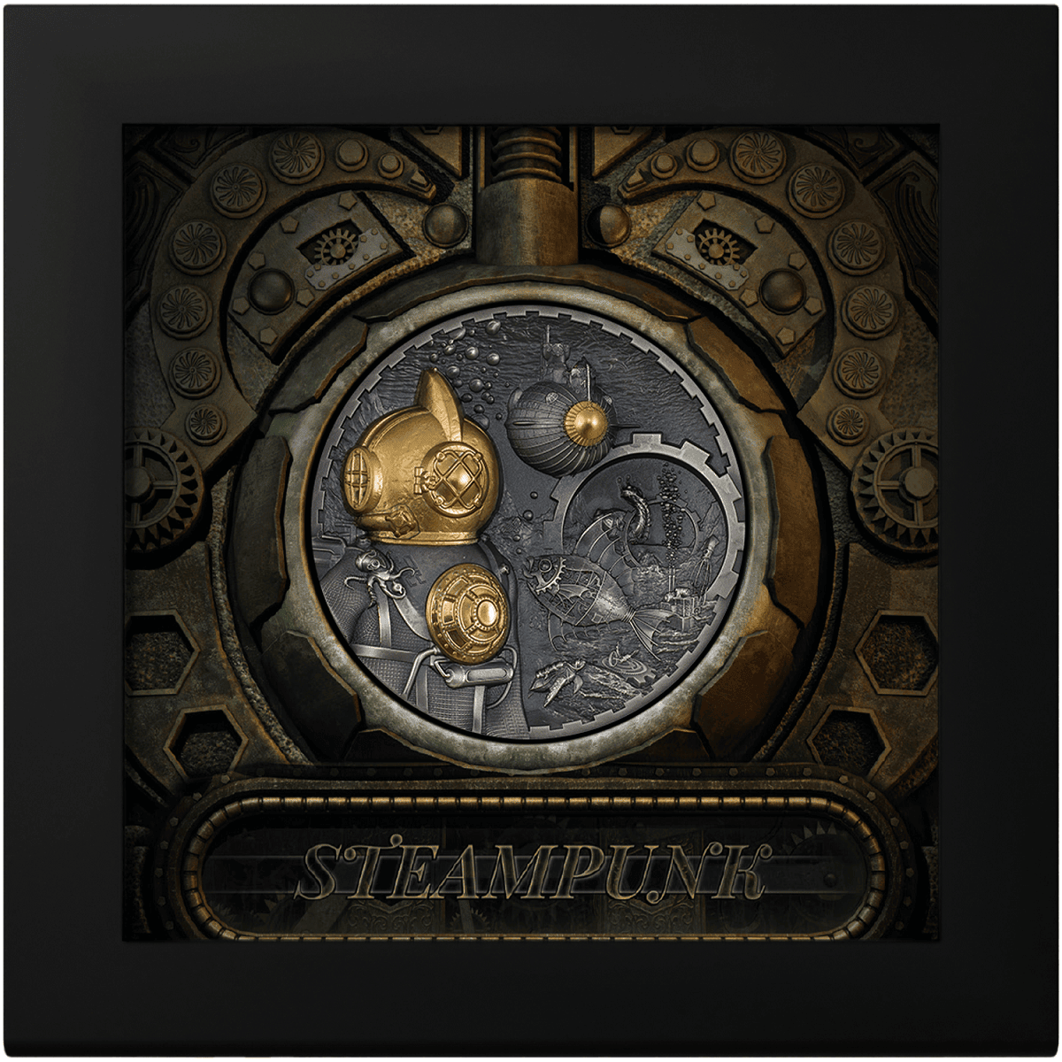 Steampunk-themed collectible coin featuring vintage diving helmets, bubbles, and underwater scenery with intricate gear details, branded with "STEAMPUNK".