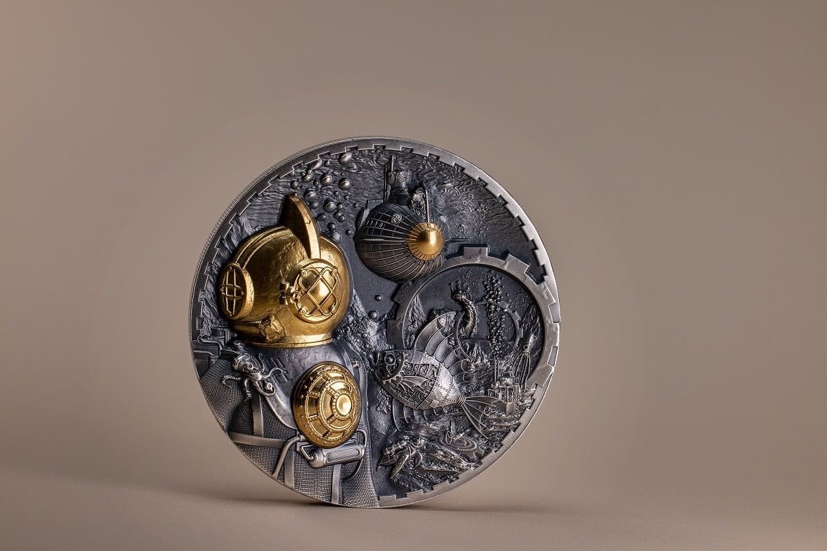 Intricate collectible coin featuring space exploration scenes, with gold and silver accents, commemorating historic space missions, displayed upright against neutral background.