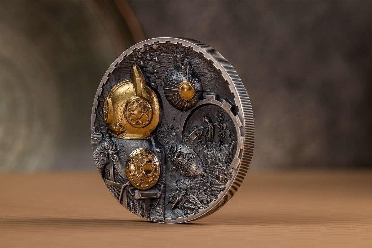 Intricate collectible coin featuring a navy diver helmet, mechanical elements, and detailed underwater scene, crafted in silver and gold tones.