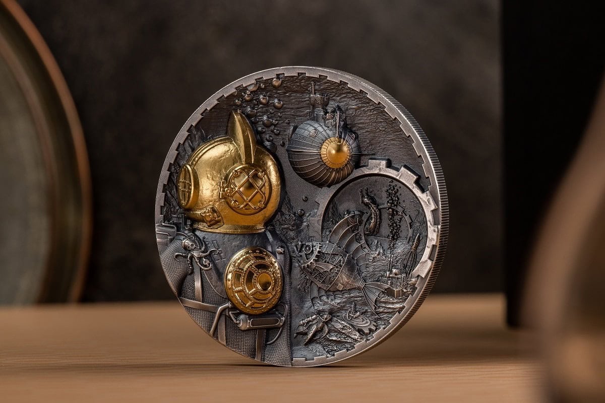 Intricate collectible coin with steampunk and nautical design elements, featuring detailed engravings, metallic accents, and ship motifs, ideal for collectors of unique and artistic coins.