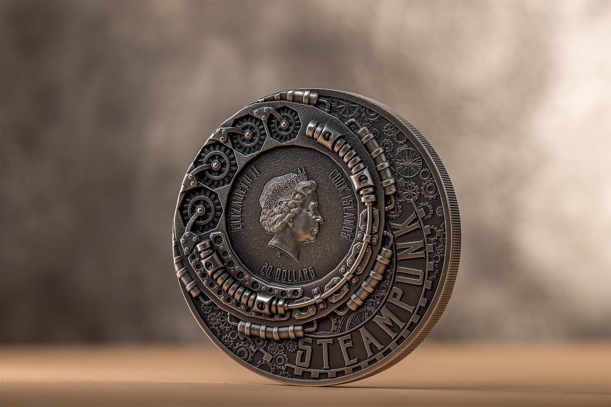 Austrian 20 Dollar Elizabeth II Steam Punk collectible coin, intricate design with gears and mechanical details.