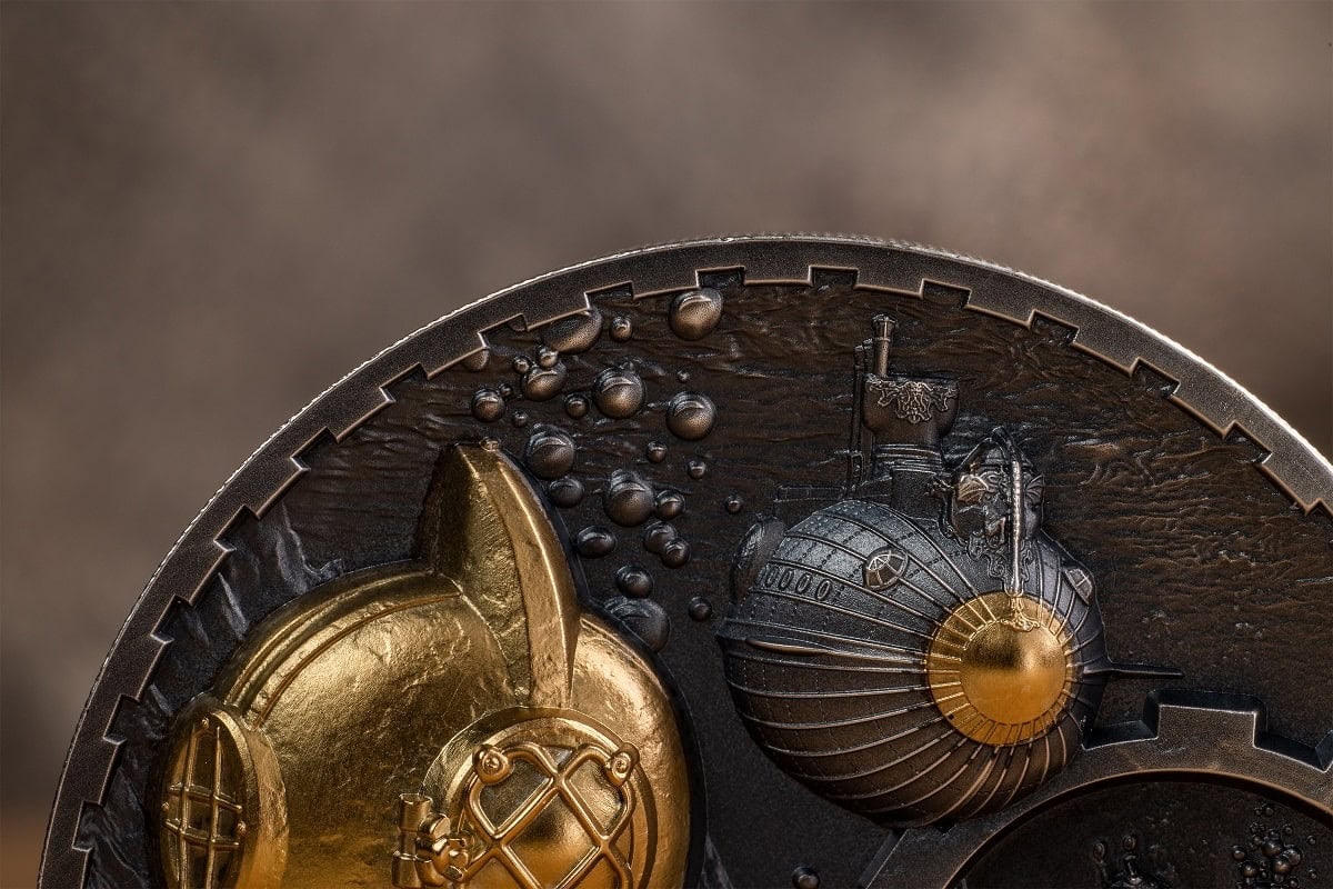 A2655-1.jpg|A rare and limited-edition collectible coin featuring intricate designs of a submarine and a deep-sea diver, with gold and silver finishes, dating from 2021, issued by the United States. | Close-up view of a collectible coin showcasing detailed engravings of a submarine and diver, highlighting the craftsmanship and design for collectors and enthusiasts. | A highly detailed collectible coin with a metallic finish, depicting a submarine and a diving helmet, made from mixed metals, dated 2021, representing maritime history and exploration, perfect for numismatics collectors. | relevant.