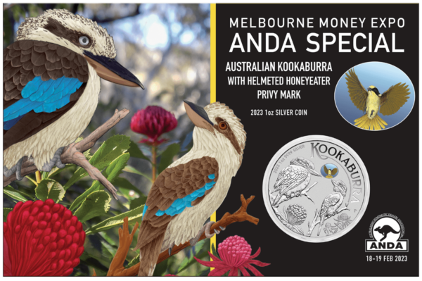 2023 Australia Melbourne Expo Kookaburra w/Honeyeater Privy 1oz Silver Coin