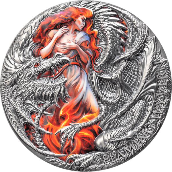 2023 Cameroon The Dragonology Flaming Wyvern 2oz Silver Antiqued Coin