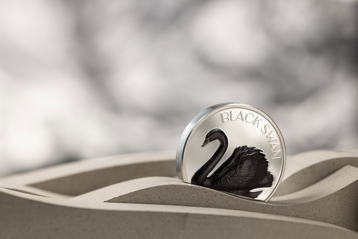 Black Swan coin, 2023, Australia, collectible silver coin featuring a black swan illustration on a sleek silver surface.