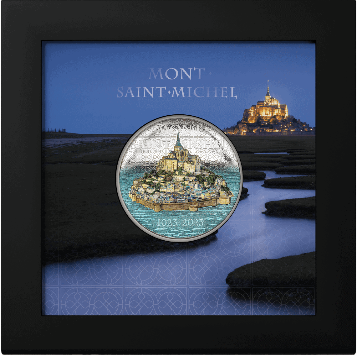 Antique Mont Saint-Michel commemorative coin, 1025-2025, featuring detailed imagery of the iconic island and abbey in a special presentation box.