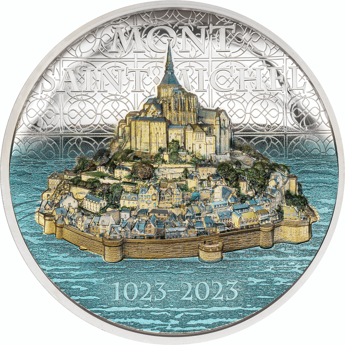 Mont Saint-Michel France 2023 collectible silver coin featuring detailed image of the iconic abbey and surrounding fortification with intricate background design.