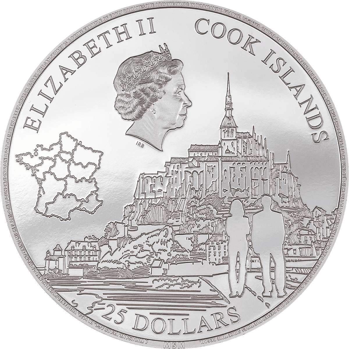 2. Silver collectible coin featuring a detailed engraved image of Mont Saint-Michel in Normandy, France, with a portrait of Queen Elizabeth II and a map outline, marked with the year 2023.