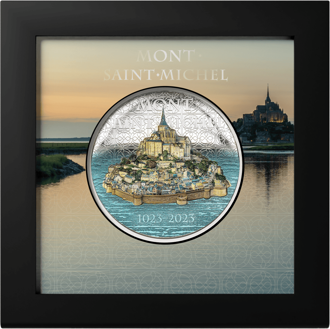Mont Saint-Michel engraved coin, 1023-2023, commemorating the historic abbey in France with intricate detailing and design within a protective display frame.