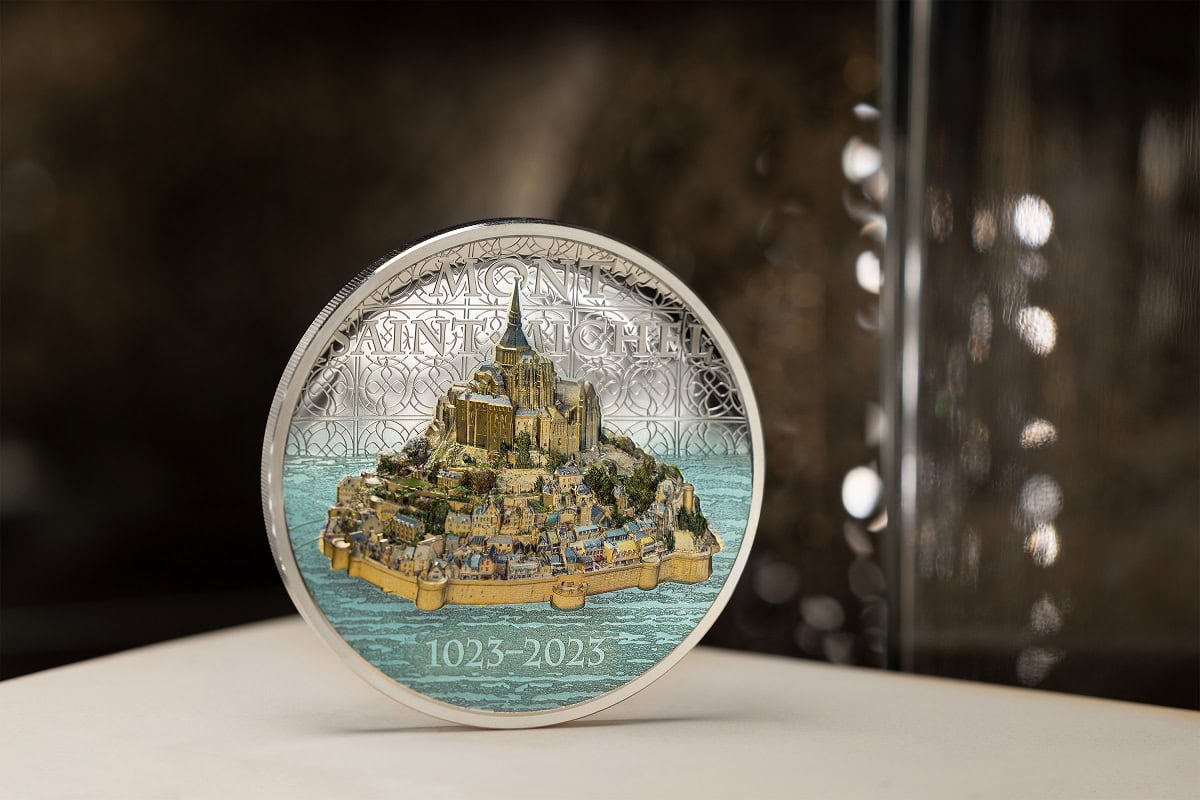 European Collectible Coin featuring Mont Saint-Michel, France, 2023, with detailed gold and silver design celebrating the 1000th anniversary of the landmark.