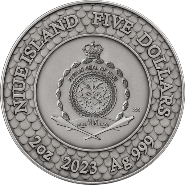 2023 Niue Divine Pearls Black Pearl and Dragon 2oz Silver Antiqued Coin - Image 2