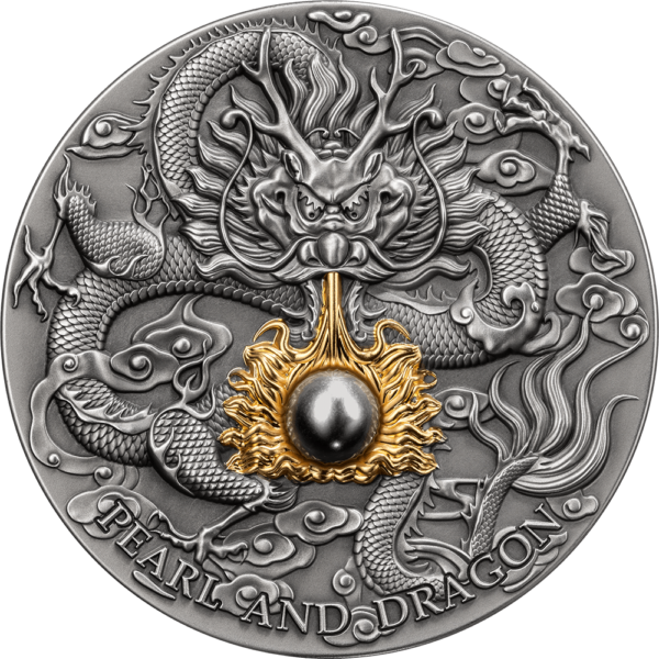 2023 Niue Divine Pearls Black Pearl and Dragon 2oz Silver Antiqued Coin