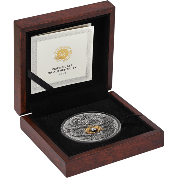 2023 Niue Divine Pearls Black Pearl and Dragon 2oz Silver Antiqued Coin - Image 4
