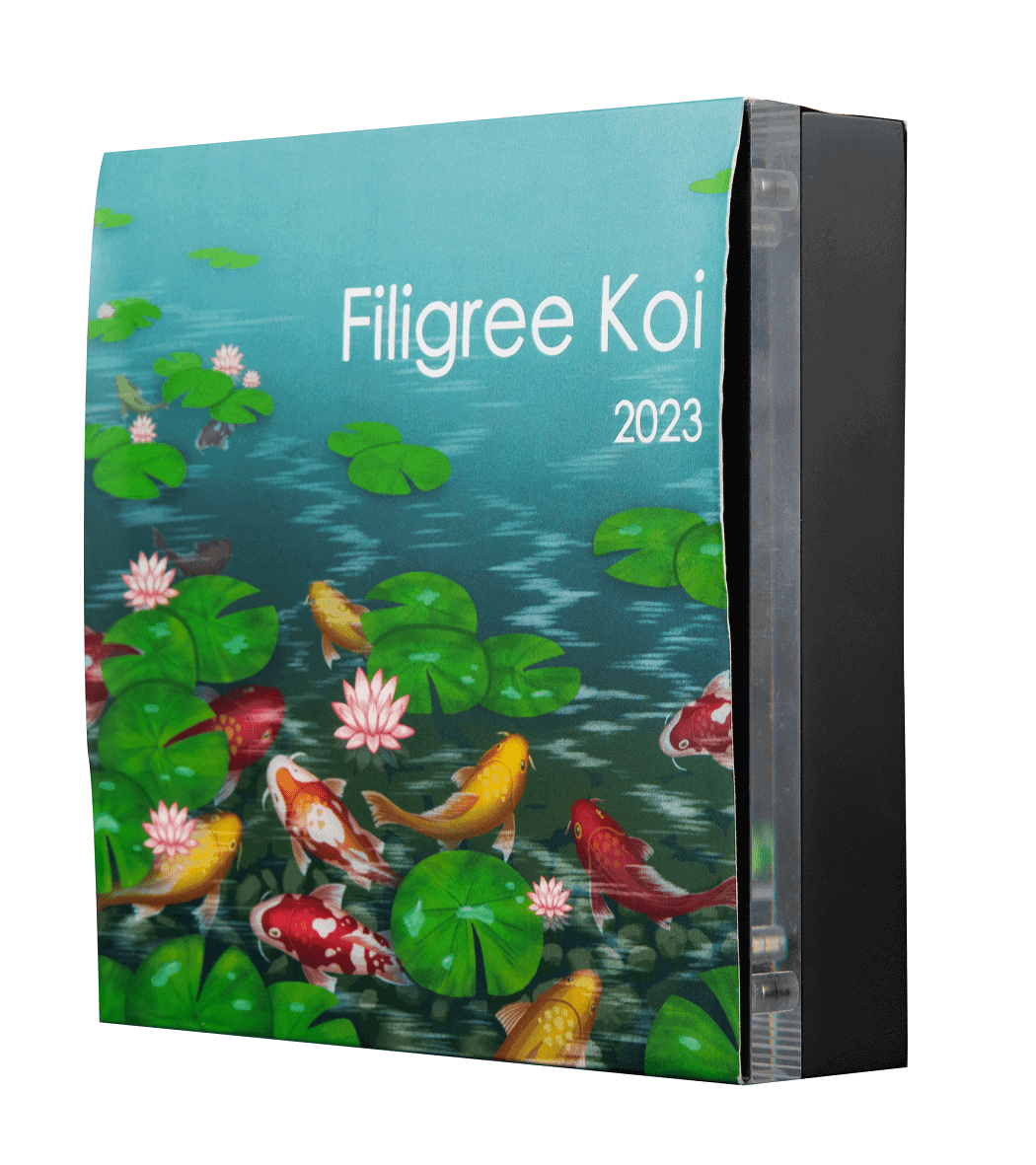 Korean Koi Fish Collectible Coin Set 2023, colorful koi swimming among green lily pads and pink water lilies in a water scene.