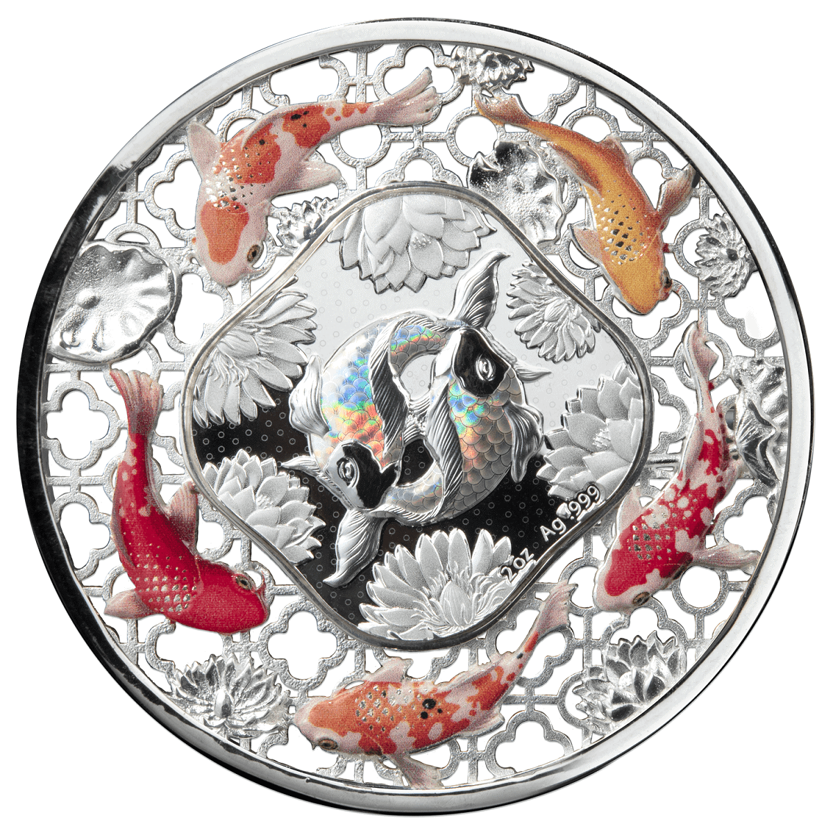 Koi fish collectible coin with intricate silver design and colorful koi artwork, 2023, China, 1 oz silver AG 999, featuring a detailed pond scene.