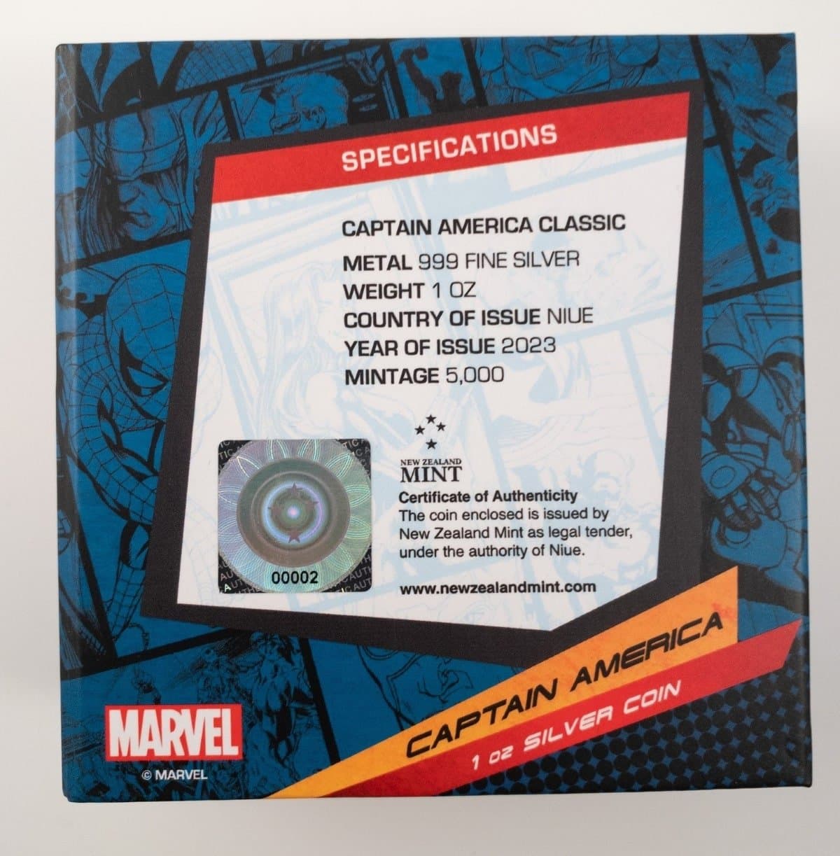 Shiny silver Captain America Classic coin with Marvel branding, issued in Niue, 2023, 1 oz fine silver, limited edition of 5,000, with a holographic certificate of authenticity.