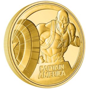 Golden Captain America collectible coin with detailed superhero design and "Captain America" inscription at the bottom.
