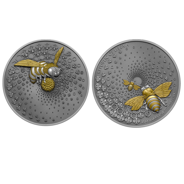 2023 Liberia Entoma Bee 2 oz Silver Ultra High Relief Dark Gilded Coin - Image 3