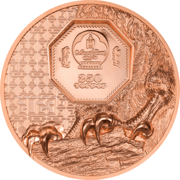 The reverse side of a 2023 Mongolia Wild Mongolian Falcon 50g copper proof-like coin. The design features a stylized Mongolian eagle, a symbol of Mongolia, and the coin's denomination and year. The background has a repeating pattern.