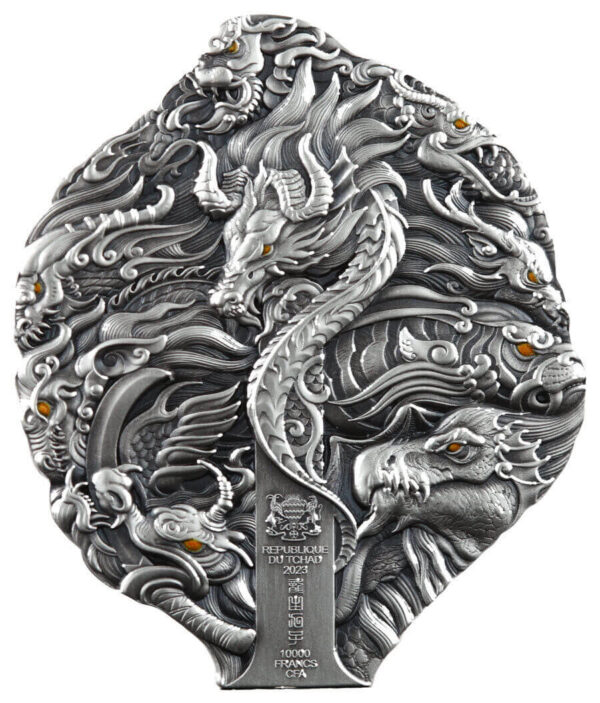 2023 Chad Nine Sons of the Dragon King 2oz Silver Ultra High Relief Antiqued Coin - Image 2