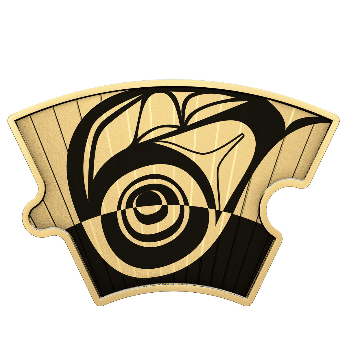 Gold-colored fan-shaped collectible coin with abstract black swirling pattern design.
