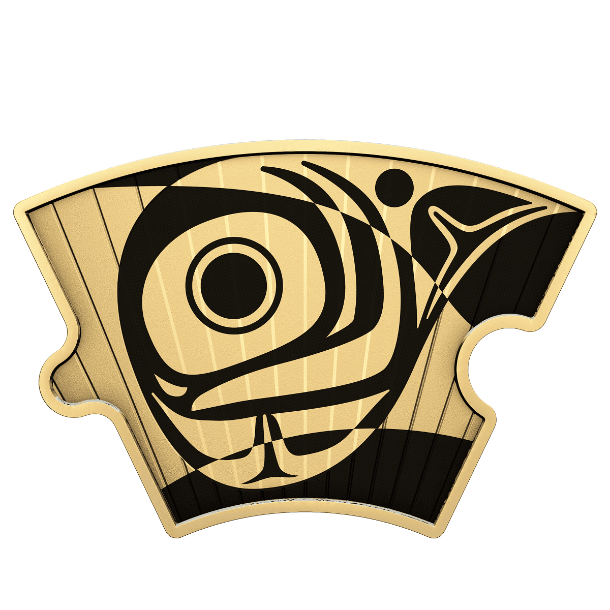 Stylized fish design on a gold-colored collectible coin with black accents and engraved lines, evoking a modern art style.