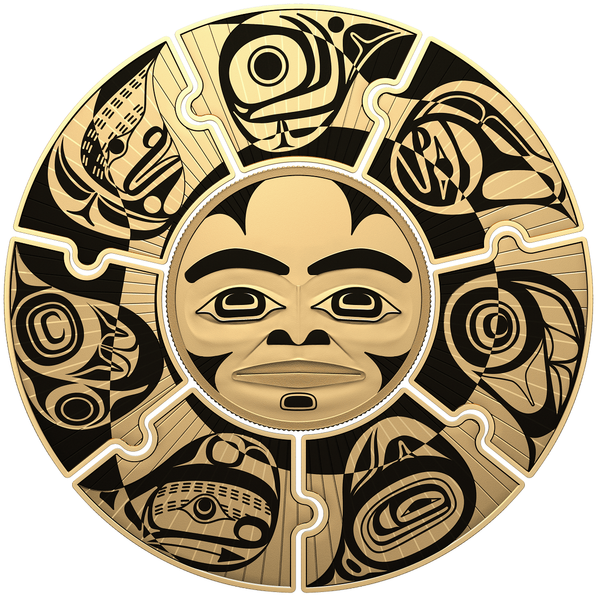 Intricate gold and black collectible coin featuring a prominent indigenous face with surrounding segmented tribal mask designs.