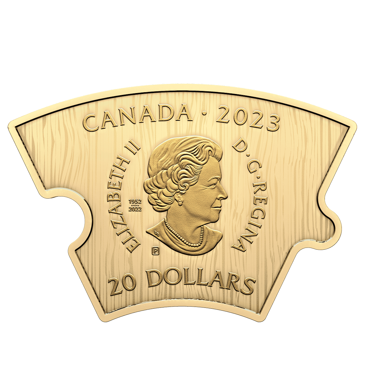Gold Canadian 20-dollar coin featuring Queen Elizabeth II, 2023, with a profile portrait and engraved details, celebrating Canadian currency and royalty.