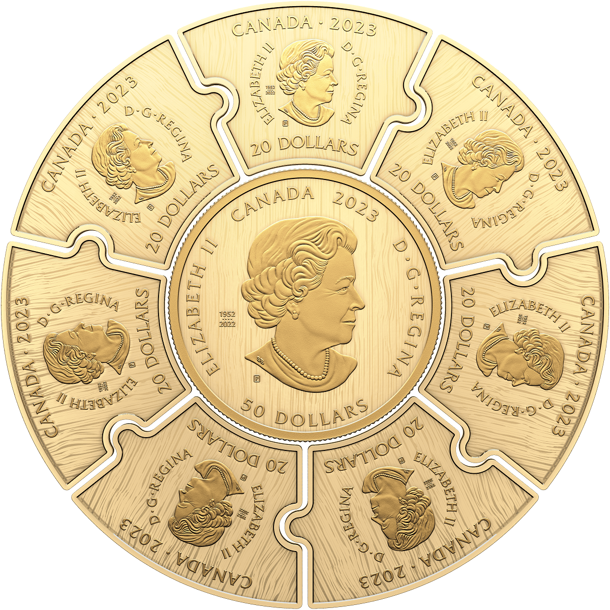 Gold Canadian 2023 Queen Elizabeth II 50 Dollars collectible coin with detachable segments featuring her profile and denomination.