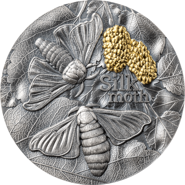 2023 Ghana Nature Architects Silk Moth 2oz Silver Antiqued Gilded Coin