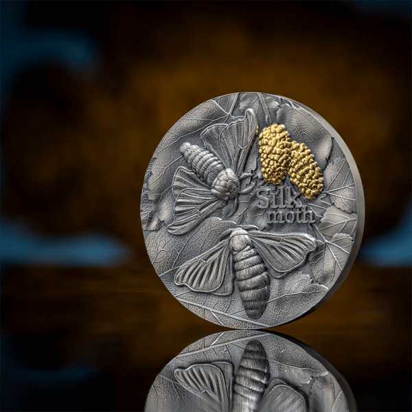 2023 Ghana Nature Architects Silk Moth 2oz Silver Antiqued Gilded Coin - Image 3