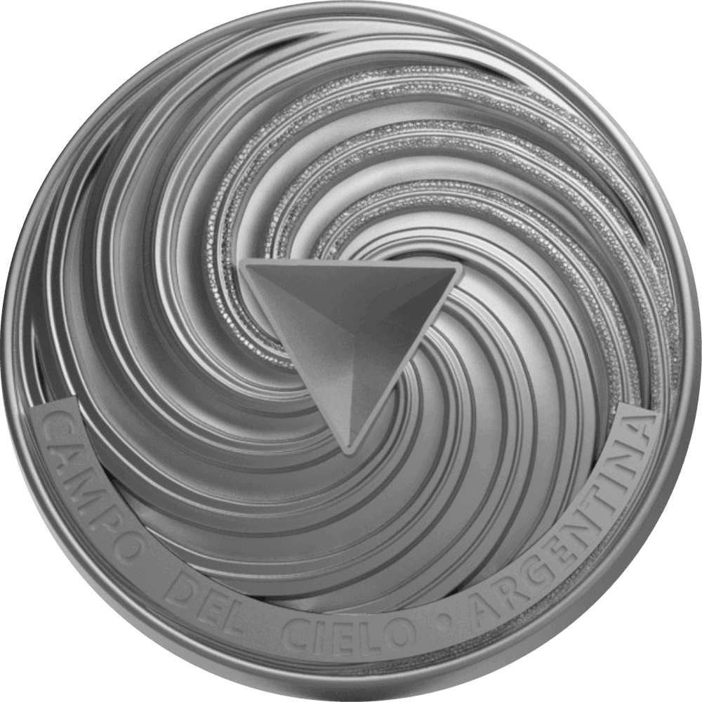Shiny silver 2023 Mexico triangular coin with circular patterns and border inscriptions.