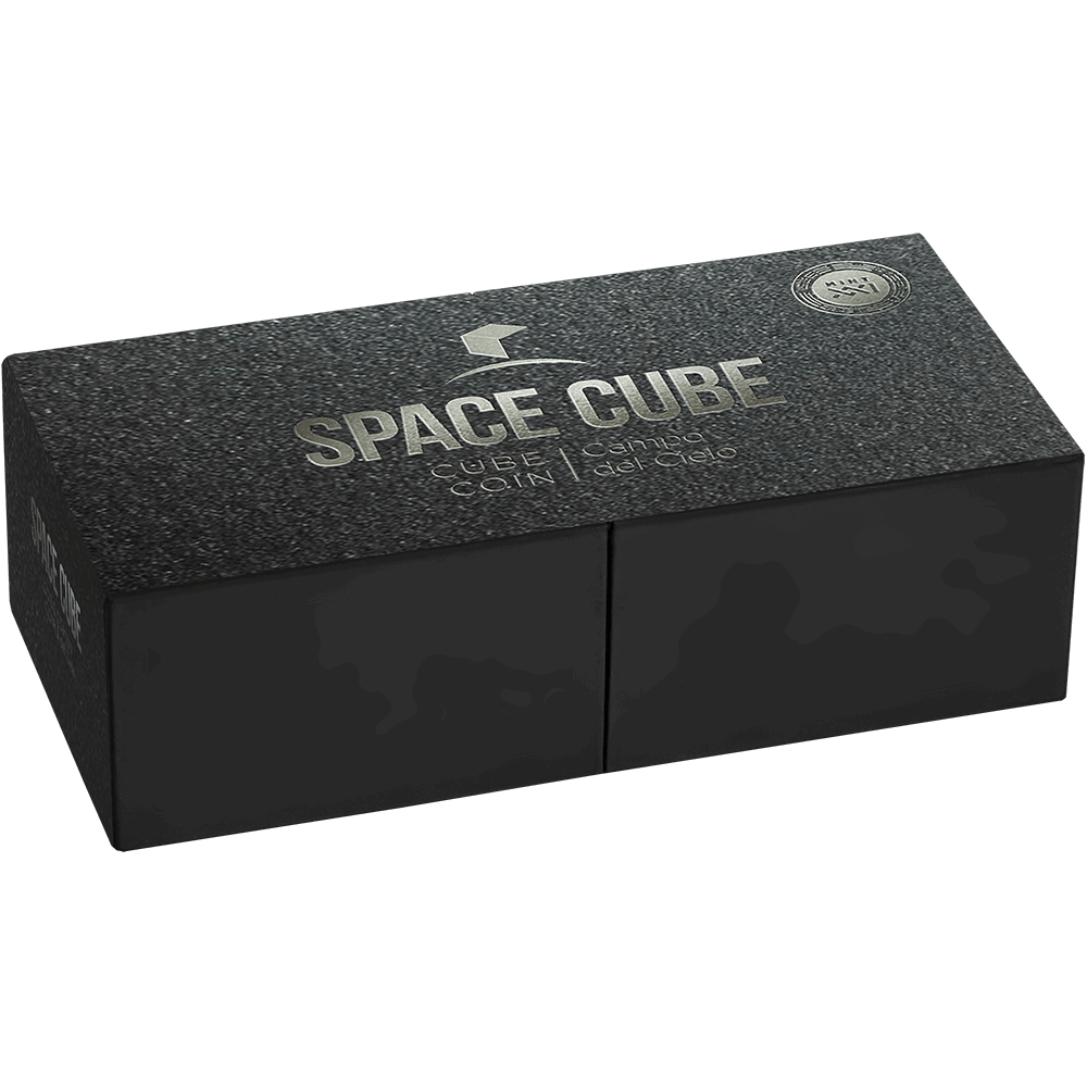 2019 Space Cube collectible coin set in sleek black packaging, featuring lunar surface design and official NASA logo.