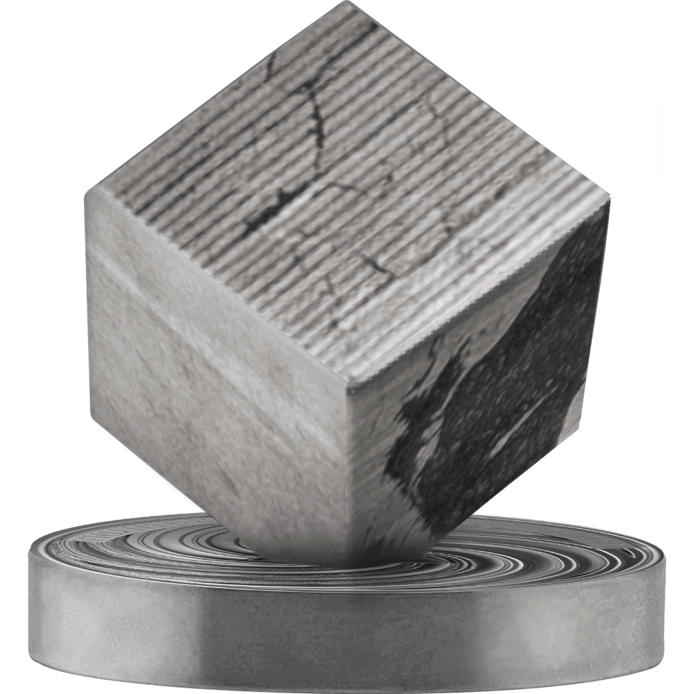 Silver coin cube with wood grain texture and cracked surface, modern minimalist style, on a circular pedestal, close-up, monochrome tones, digital rendering, collectible art piece, abstract design.