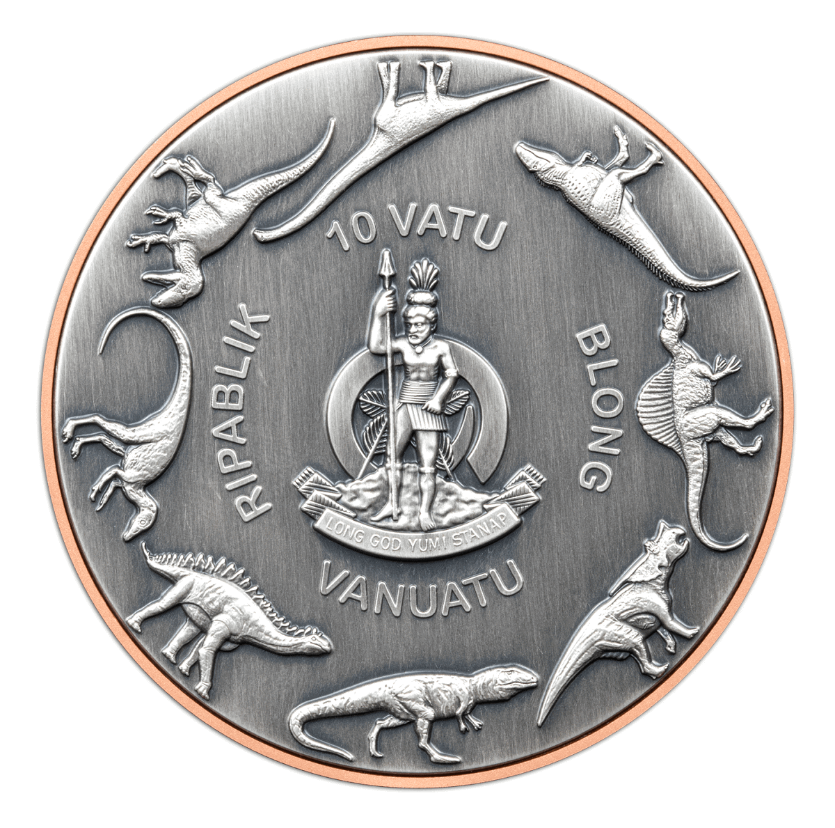 Vanuatu 10 Vatu collectible coin, featuring native wildlife and tribal imagery, with a silver and copper finish and detailed engravings from 2023.