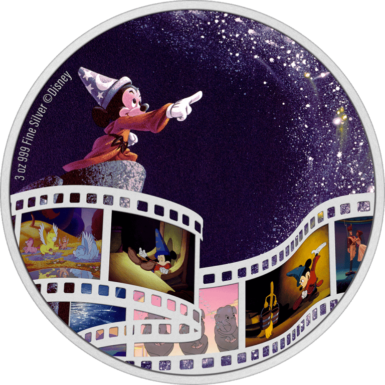 Mickey Mouse and Disney characters themed collectible silver coin with colorful movie scenes and a starry night background.