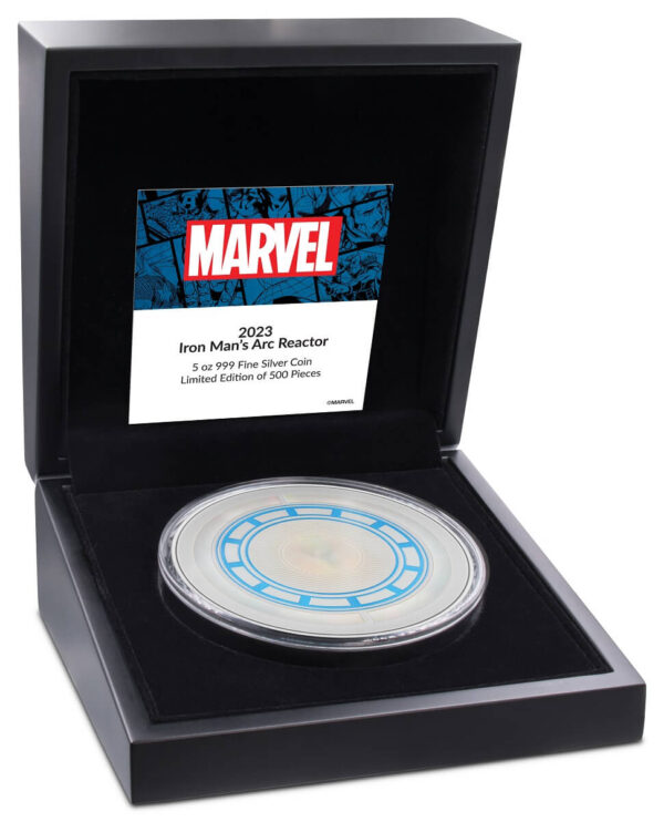 2023 Niue Marvel Iron Man Arc Reactor 5oz Silver Colorized Proof Coin - Image 7
