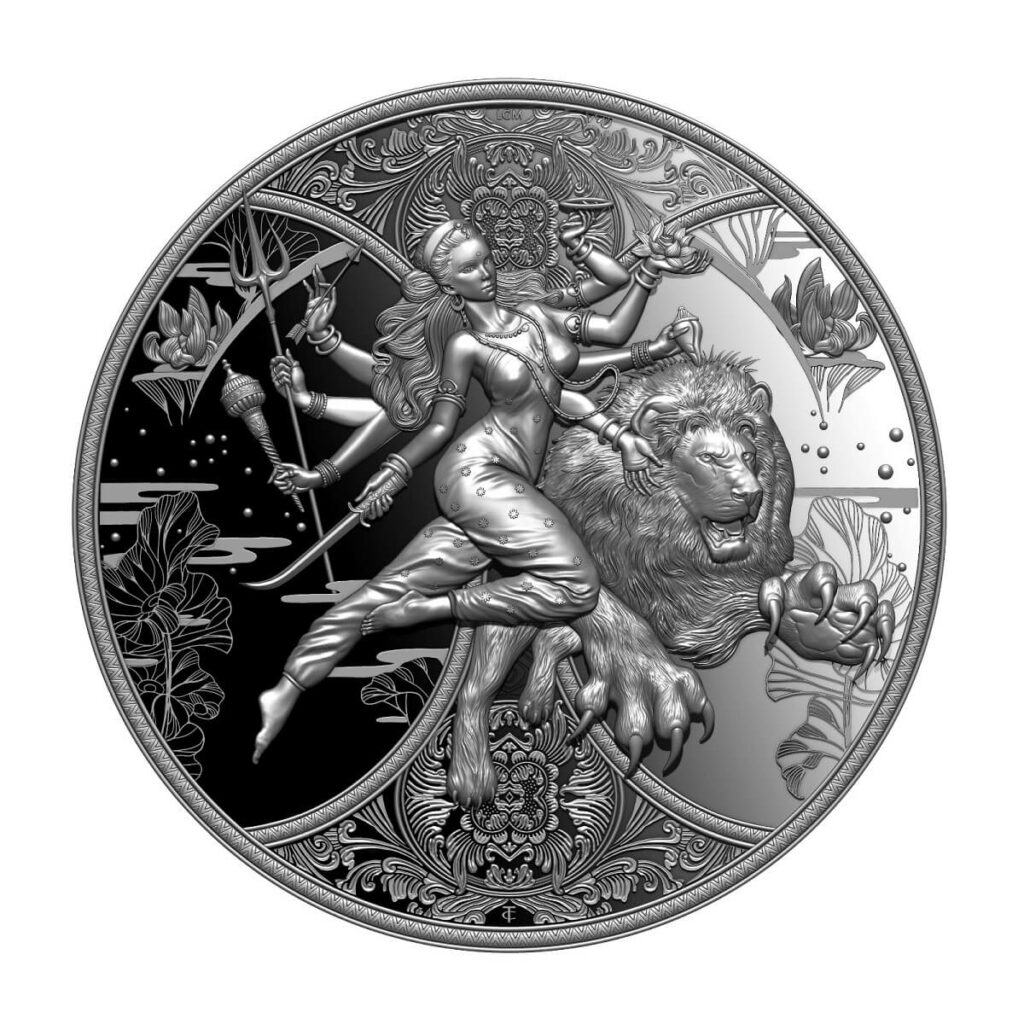 2024 Cameroon Hindu Goddess Durga 1oz Silver High Relief BU Coin   2024 Cameroon Hindu Goddess Durga 1oz Silver High Relief BU Coin GR Reserve Front 1024x1024 