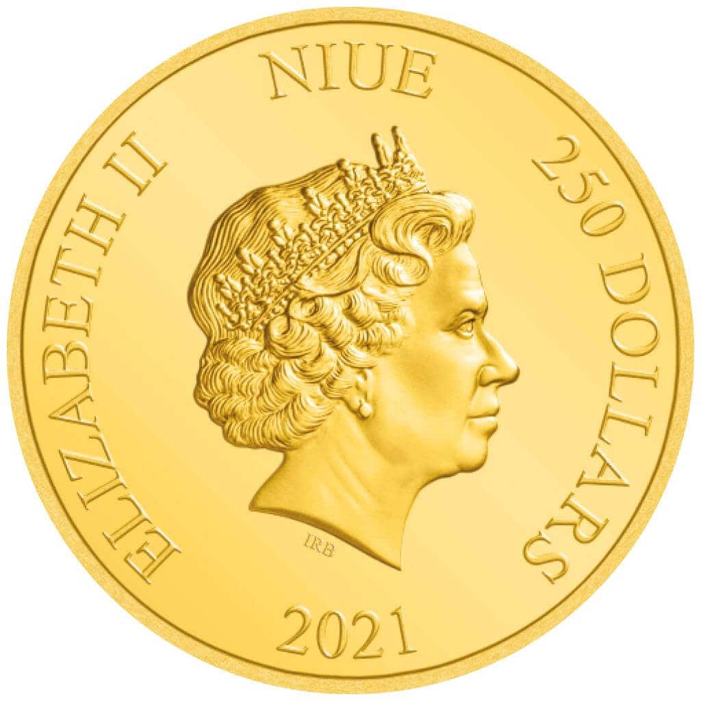 2021 Niue Elizabeth II gold coin featuring a profile of Queen Elizabeth II, with inscriptions and denomination visible, showcasing detailed design and craftsmanship.