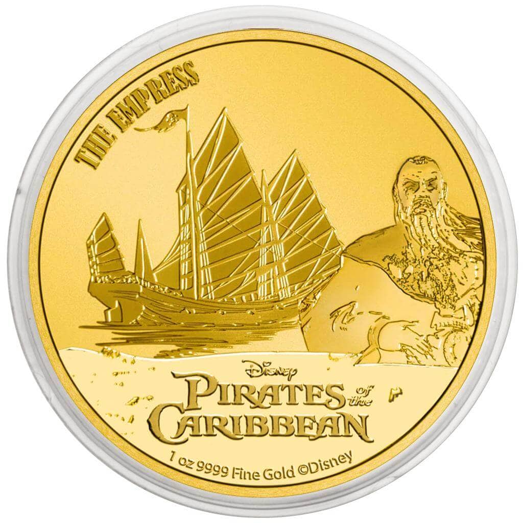 Golden coin featuring Captain Jack Sparrow from Pirates of the Caribbean with a ship and character illustration.