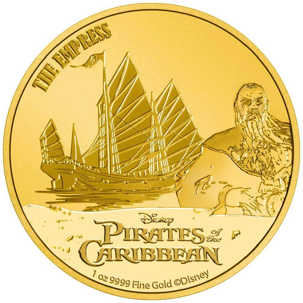 Shimmering gold coin featuring Jack Sparrow's ship and Captain Jack Sparrow from Disney's Pirates of the Caribbean, marked “The Tempest” with intricate details and text.