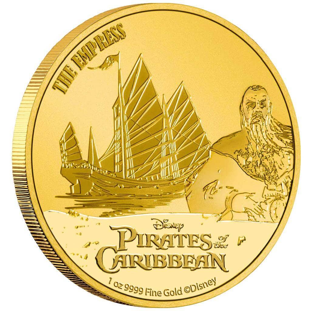 Gold coin featuring the Black Pearl ship from Disney's Pirates of the Caribbean with a portrait of Captain Jack Sparrow.