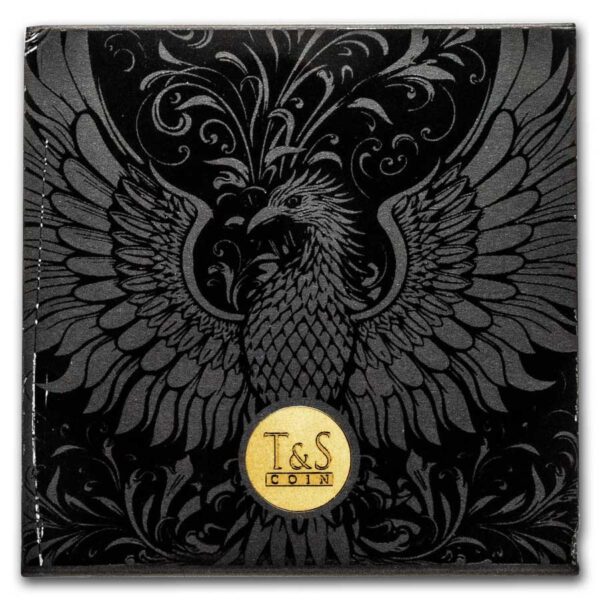 Black coin box featuring a detailed phoenix design and gold "T&S COINS" emblem.